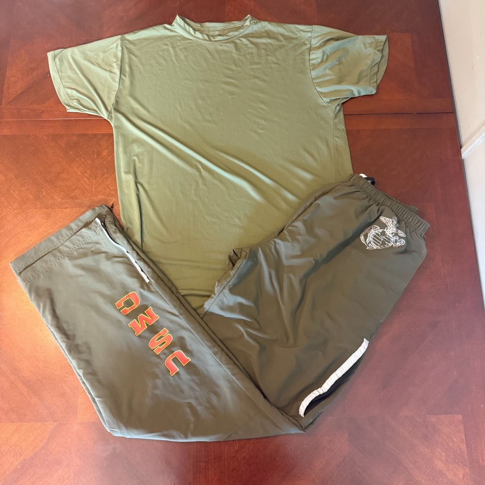 USMC‎ Physical Training Uniform Set Shirt Pants Small Long Olive Green Made USA